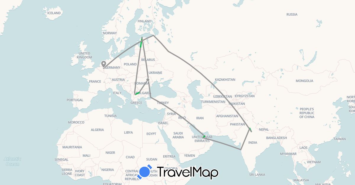 TravelMap itinerary: driving, bus, plane in United Arab Emirates, Bulgaria, Germany, Estonia, India, Latvia, Macedonia, Romania, Russia, Turkey (Asia, Europe)